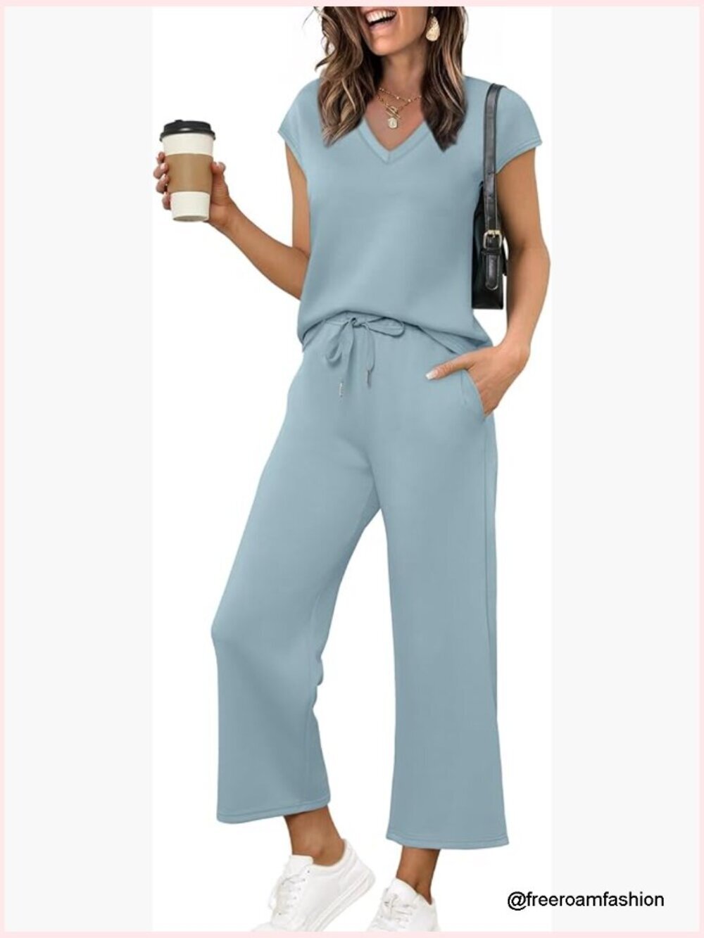 Two Piece Lounge Set V Neck Cap Sleeve Wide Leg Pants Travel Outfit